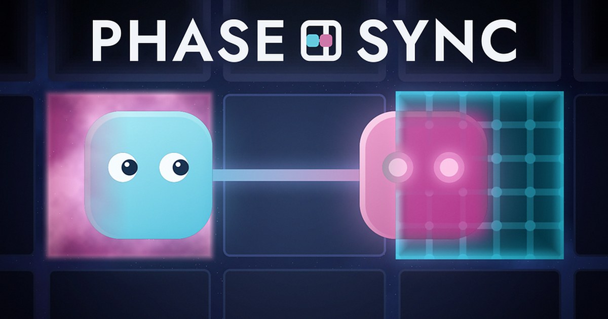 Phase Sync social image: a cyan and a pink character joined by a tether on a dark grid.