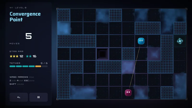 World 1 level 8: the pink character far below the cyan one, a long tether at five of six, the exit on the right edge.