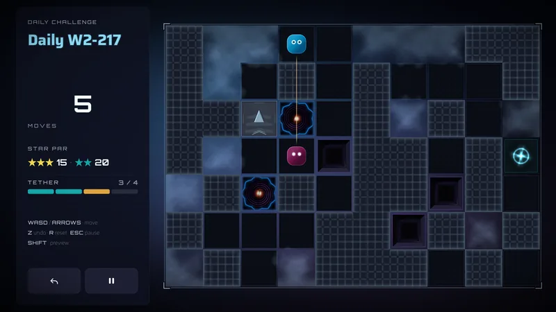 Daily Challenge board: the cyan and pink characters in one column, tethered, with two black hole tiles and a one-way tile beside them.